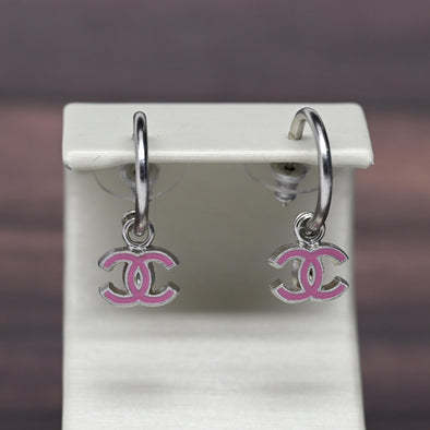 Chanel Pink Logo Dangle Silver Tone Hoop Earrings