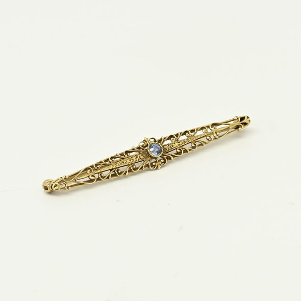 Yogo Gulch Montana Blue Sapphire Filigree 14k Yellow Gold Bar Brooch