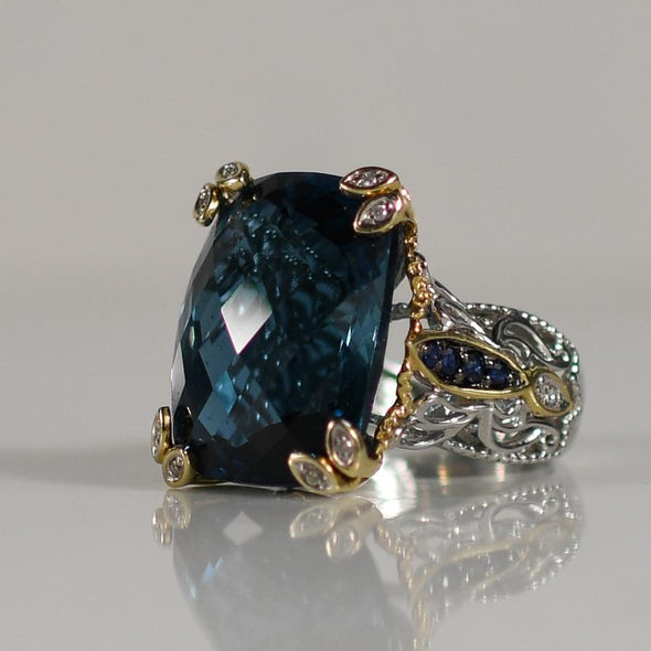 Approx. 40 Carat Blue Topaz Statement Ring with Sapphire and Diamond accents