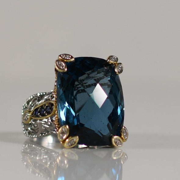 Approx. 40 Carat Blue Topaz Statement Ring with Sapphire and Diamond accents