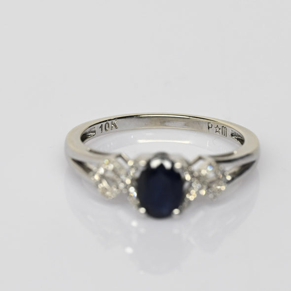 Blue Sapphire Oval & Diamond White Gold Ring