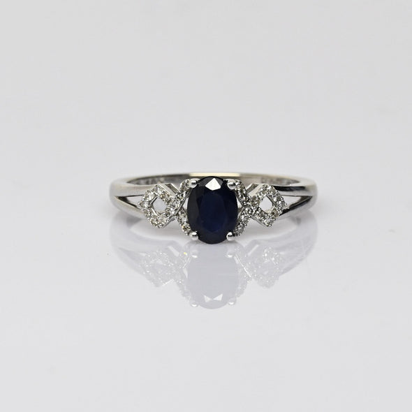 Blue Sapphire Oval & Diamond White Gold Ring
