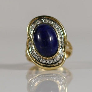 6ct Lapis Lazuli Oval Cabochon Bezel Set with Diamond Accents in 14k Yellow Gold