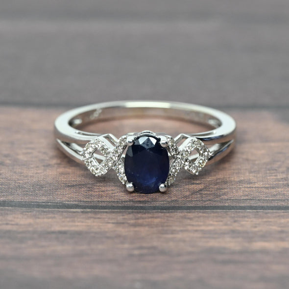 Blue Sapphire Oval & Diamond White Gold Ring