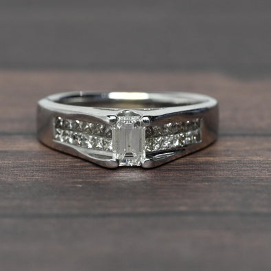 Vintage 1cttw Emerald Cut Diamond 18k White Gold Engagement Ring