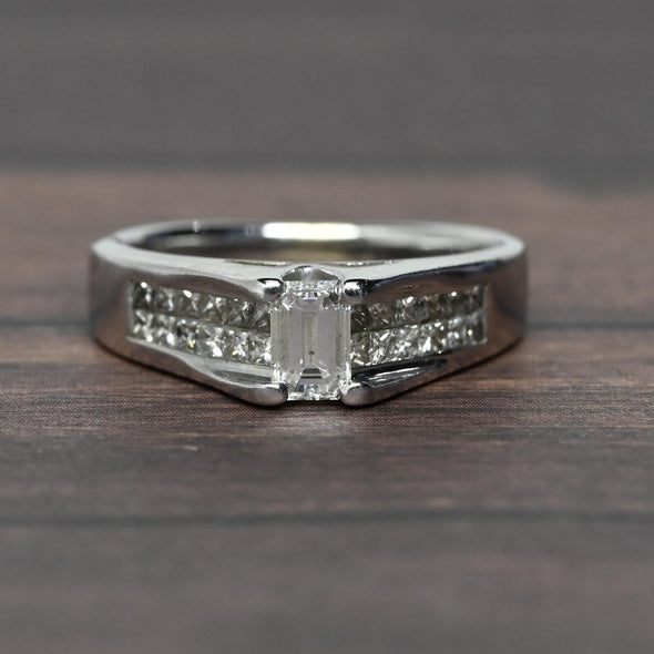 Vintage 1cttw Emerald Cut Diamond 18k White Gold Engagement Ring