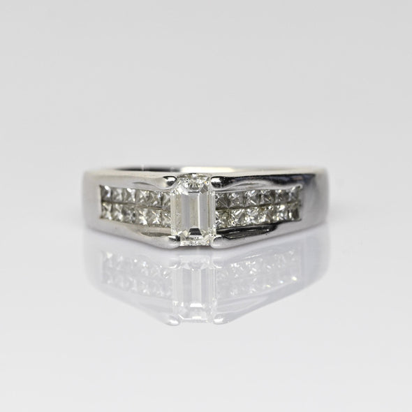 Vintage 1cttw Emerald Cut Diamond 18k White Gold Engagement Ring