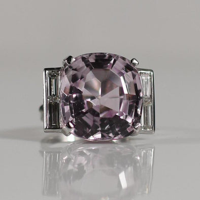 23ctw Kunzite Cushion and Diamond Baguette Ring in 14k White Gold