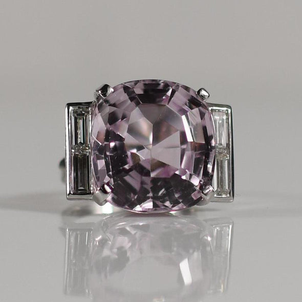 23ctw Kunzite Cushion and Diamond Baguette Ring in 14k White Gold