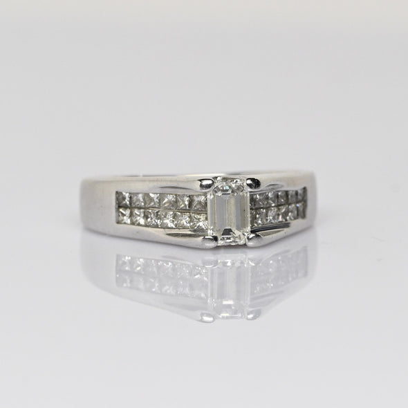 Vintage 1cttw Emerald Cut Diamond 18k White Gold Engagement Ring