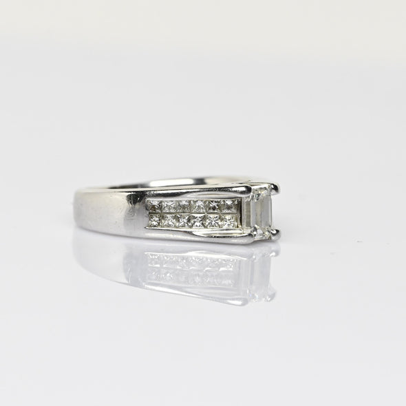 Vintage 1cttw Emerald Cut Diamond 18k White Gold Engagement Ring