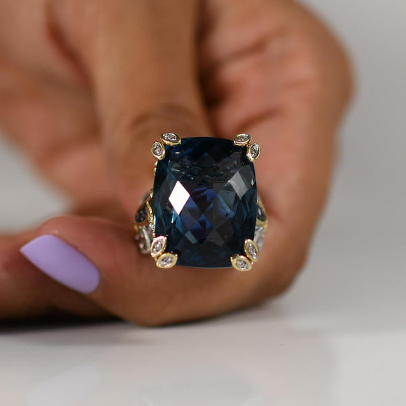 Approx. 40 Carat Blue Topaz Statement Ring with Sapphire and Diamond accents