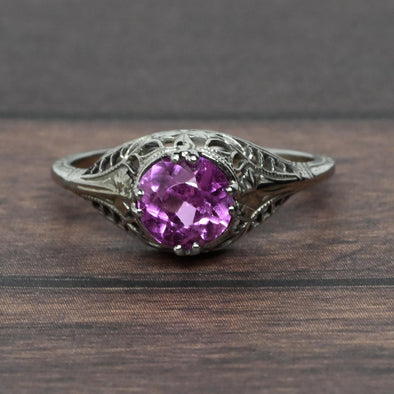 Art Deco Pink Filigree Solitaire White Gold Ring