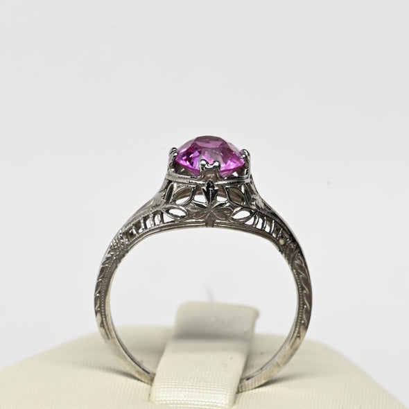 Art Deco Pink Filigree Solitaire White Gold Ring