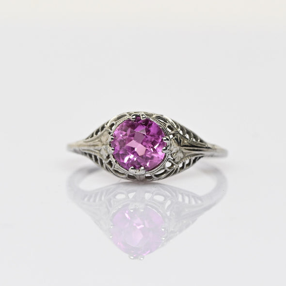 Art Deco Pink Filigree Solitaire White Gold Ring