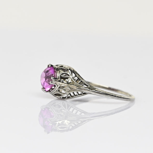 Art Deco Pink Filigree Solitaire White Gold Ring