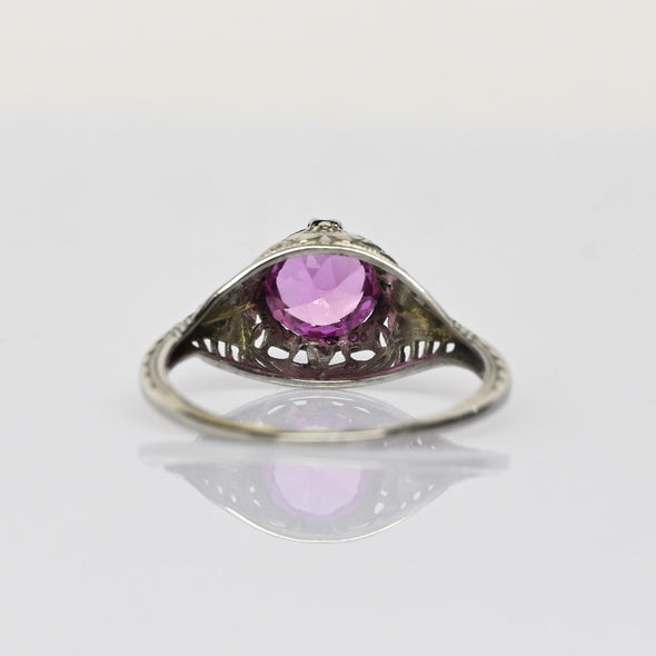Art Deco Pink Filigree Solitaire White Gold Ring