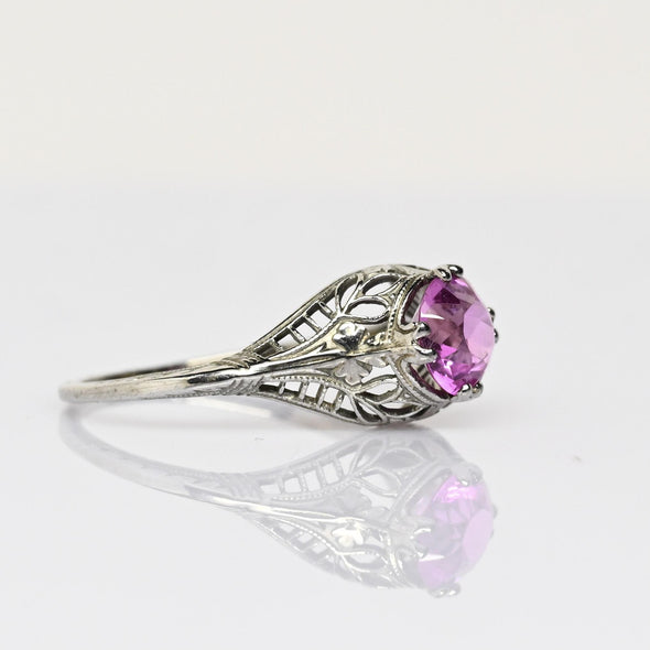Art Deco Pink Filigree Solitaire White Gold Ring