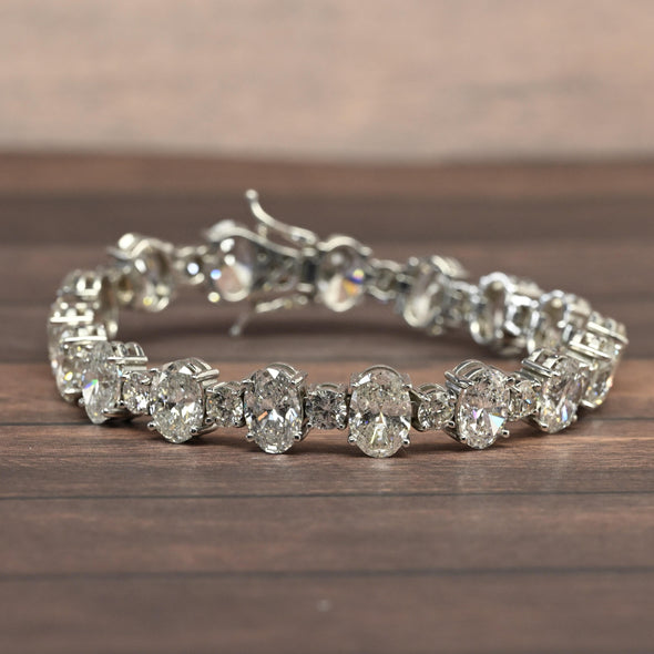 30.5ctw Natural Diamond Oval & Round Brilliant 14k White Gold Tennis Bracelet