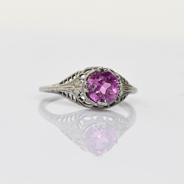 Art Deco Pink Filigree Solitaire White Gold Ring