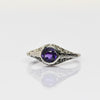 Art Deco Amethyst Bezel Set Filigree 18k White Gold Solitaire Ring