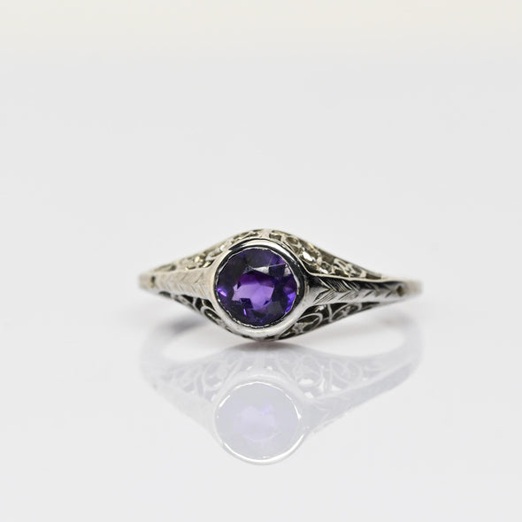 Art Deco Amethyst Bezel Set Filigree 18k White Gold Solitaire Ring