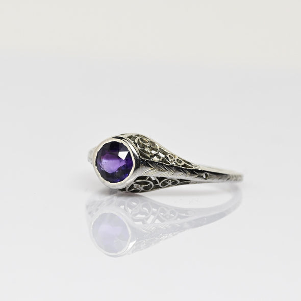Art Deco Amethyst Bezel Set Filigree 18k White Gold Solitaire Ring