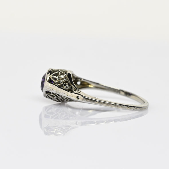 Art Deco Amethyst Bezel Set Filigree 18k White Gold Solitaire Ring