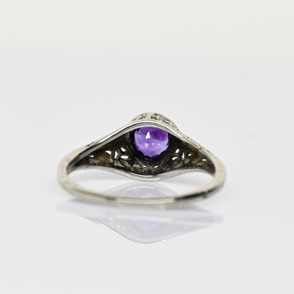 Art Deco Amethyst Bezel Set Filigree 18k White Gold Solitaire Ring
