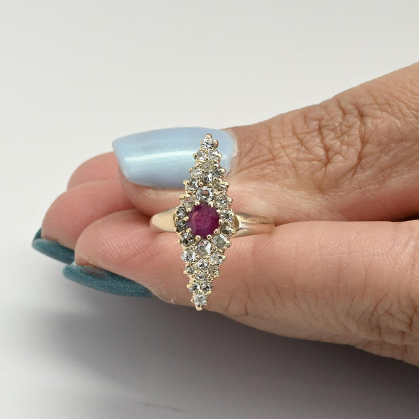 Antique Ruby and Diamond Navette Yellow Gold Ring