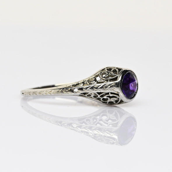 Art Deco Amethyst Bezel Set Filigree 18k White Gold Solitaire Ring