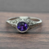 Art Deco Amethyst Bezel Set Filigree 18k White Gold Solitaire Ring