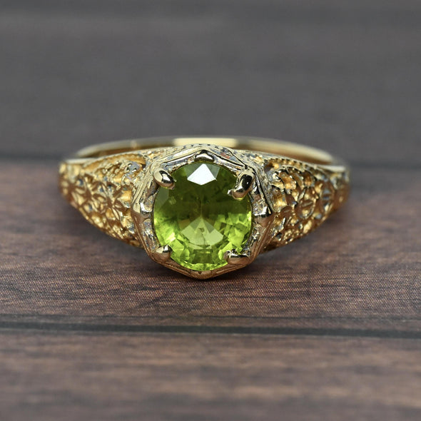Peridot Oval Filigree 14k Gold Solitaire Ring