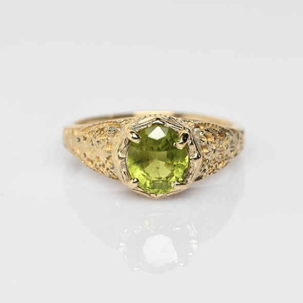 Peridot Oval Filigree 14k Gold Solitaire Ring