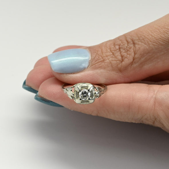 Art Deco 0.35ct Old European Cut Diamond 18k White Gold Filigree Engagement Ring