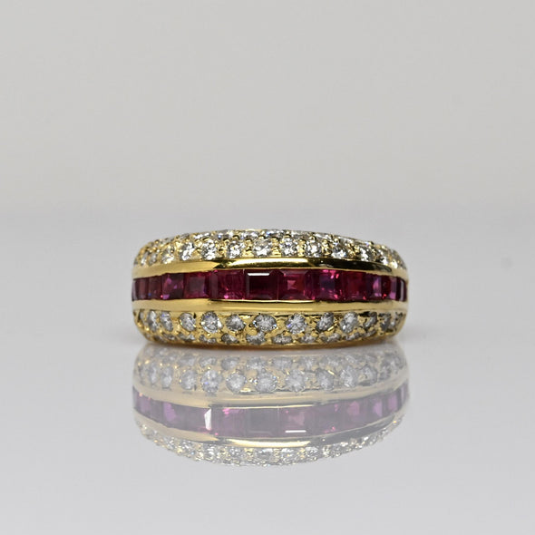 Ruby & Diamond Pave 18k Gold Domed Band Cocktail Ring