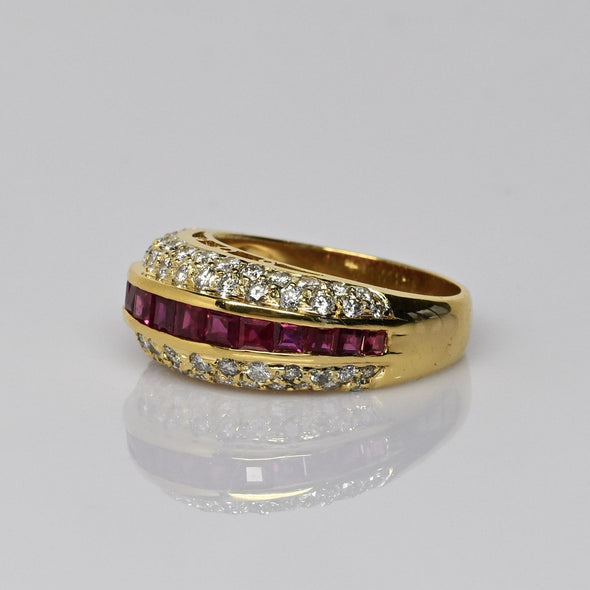 Ruby & Diamond Pave 18k Gold Domed Band Cocktail Ring