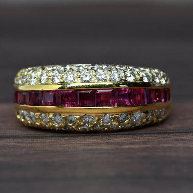 Ruby & Diamond Pave 18k Gold Domed Band Cocktail Ring