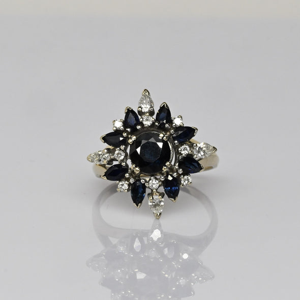 Vintage Blue Sapphire & Diamond 14k White Gold Cluster Ring