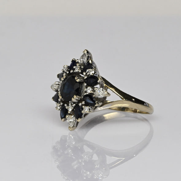 Vintage Blue Sapphire & Diamond 14k White Gold Cluster Ring