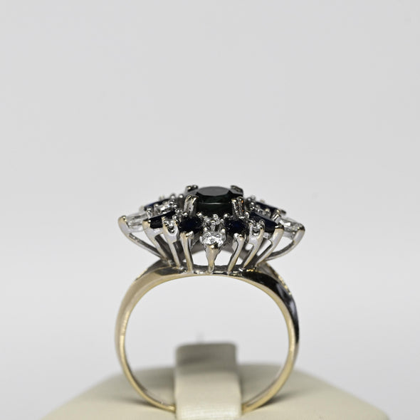 Vintage Blue Sapphire & Diamond 14k White Gold Cluster Ring
