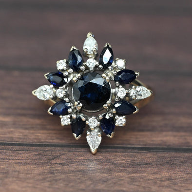 Vintage Blue Sapphire & Diamond 14k White Gold Cluster Ring