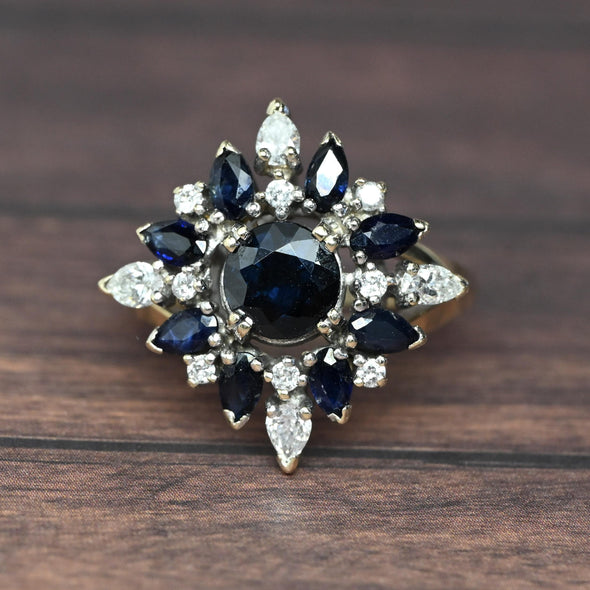 Vintage Blue Sapphire & Diamond 14k White Gold Cluster Ring