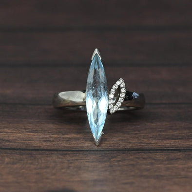 3ct Blue Topaz Long Marquise w Diamond Accent 14k White Gold Ring