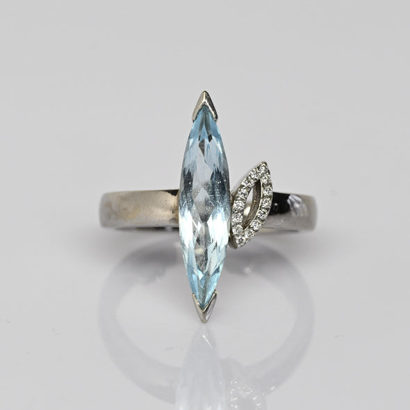 3ct Blue Topaz Long Marquise w Diamond Accent 14k White Gold Ring