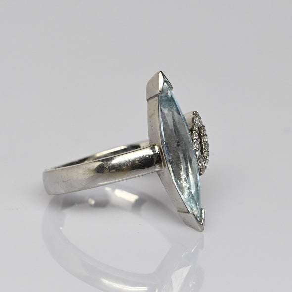 3ct Blue Topaz Long Marquise w Diamond Accent 14k White Gold Ring