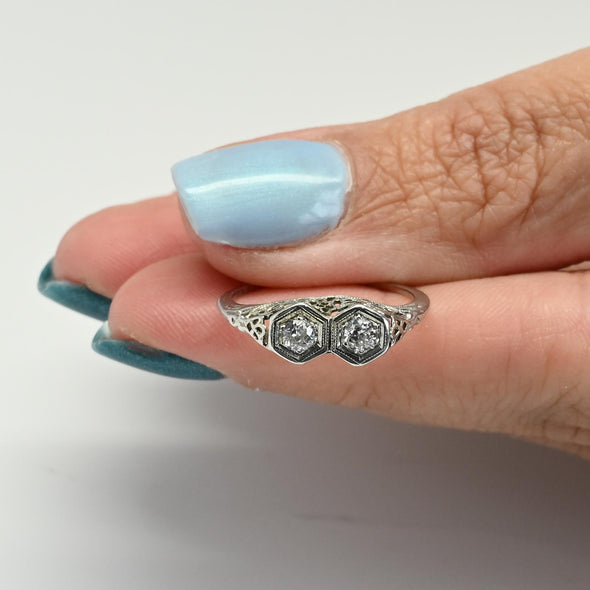 Art Deco Diamond Two Stone Filigree 18k White Gold Ring