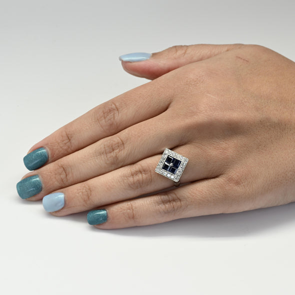 Art Deco Sapphire and Diamond Platinum Square Top Ring