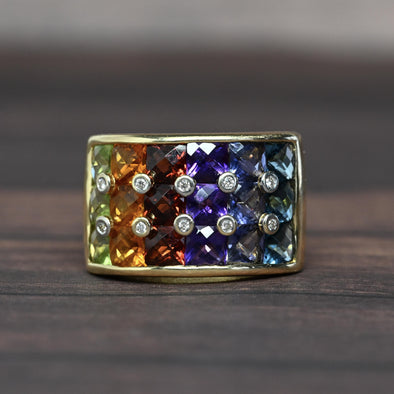 Multicolor Gemstone and Diamond Wide 14k Gold Band