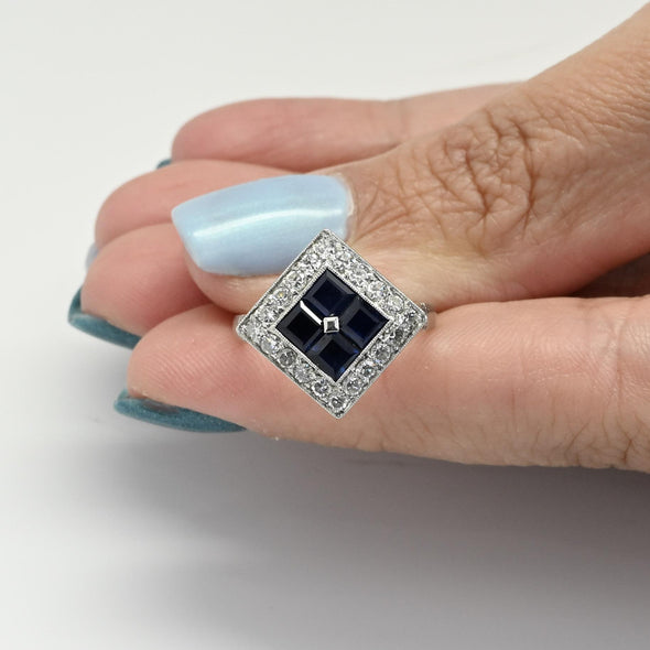 Art Deco Sapphire and Diamond Platinum Square Top Ring